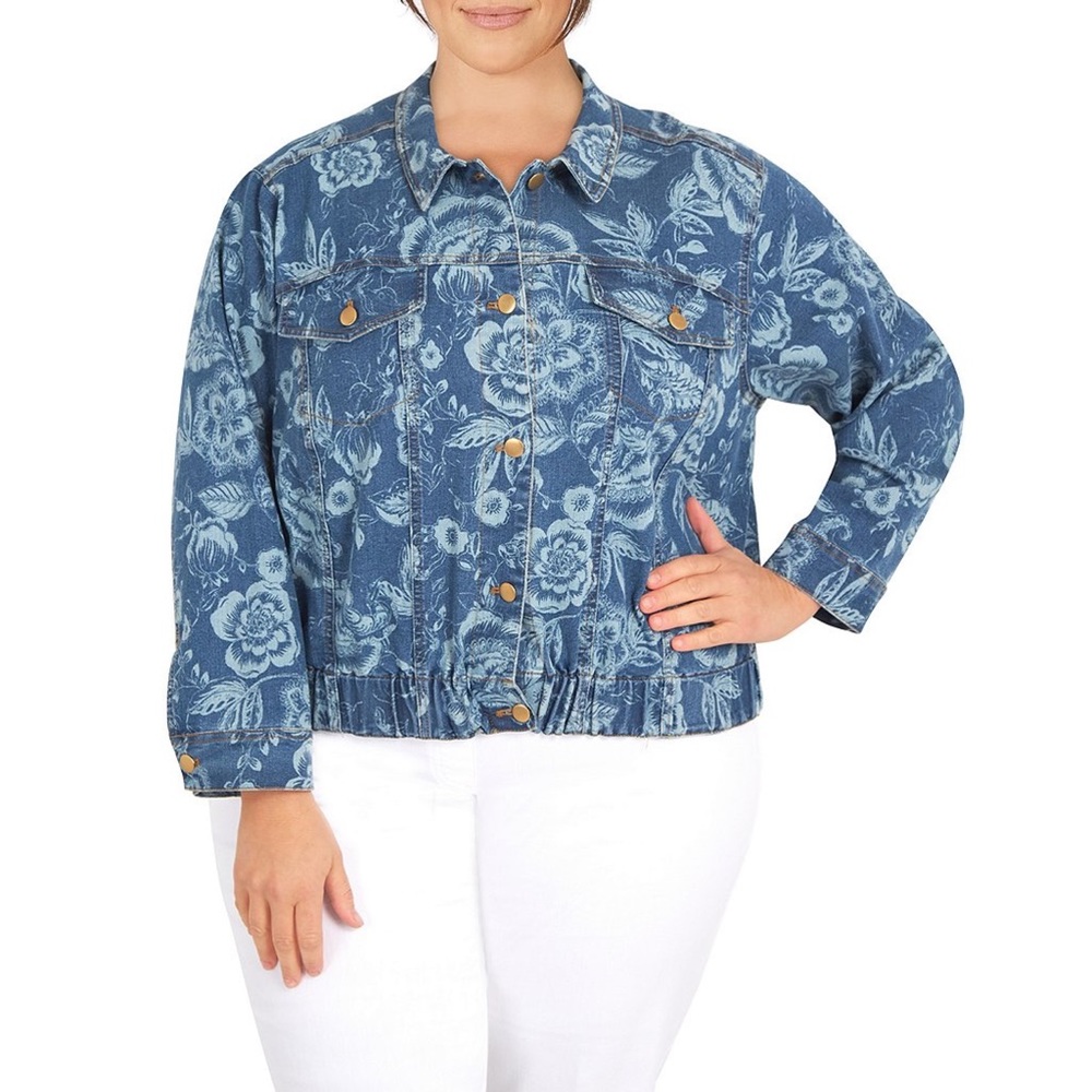 Ruby Rd. Floral Print Point Collar Long Sleeve Button Front Floral Denim Jacket